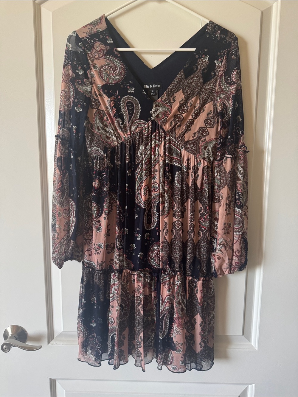 Elie & Emie Pink and Black Paisley V-Neck Tiered Dress